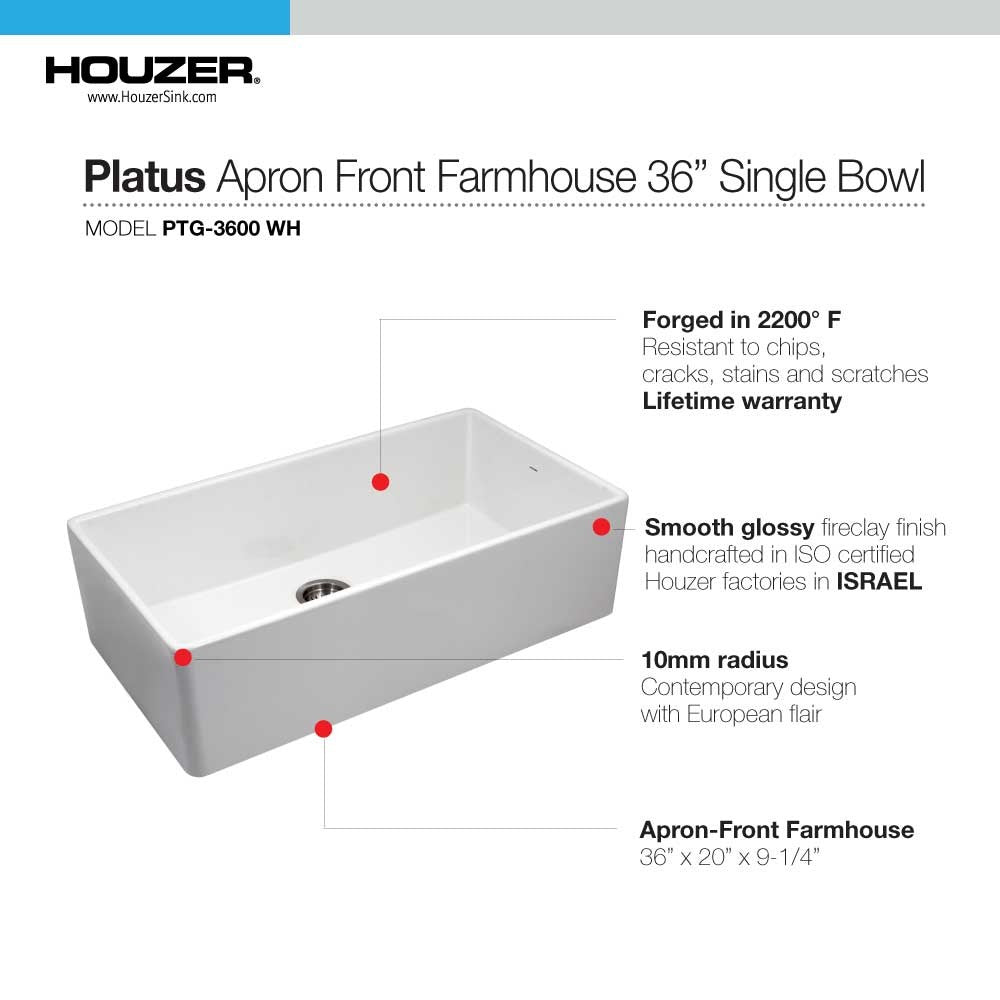 Houzer Platus PTG-3600-WH 36" White Single Bowl Fireclay Farmhouse Sink-Annie & Oak