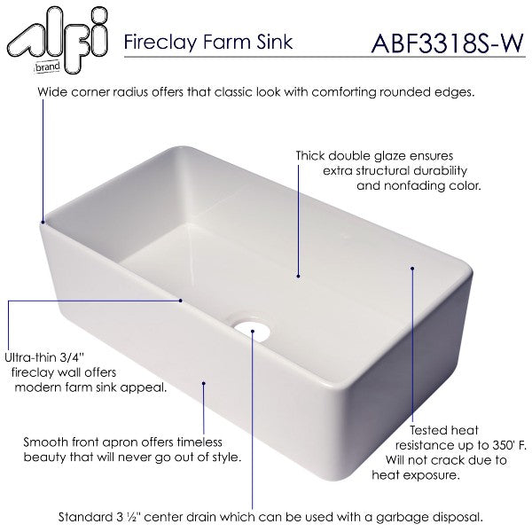 ALFI Brand ABF3318S 33" White Single Bowl Thin Wall Fireclay Farmhouse Sink