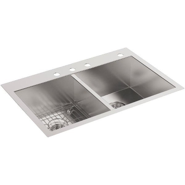 KOHLER Vault K-3820-4-NA 33" Stainless Steel Double Bowl Kitchen Sink w/ Four Faucet Holes