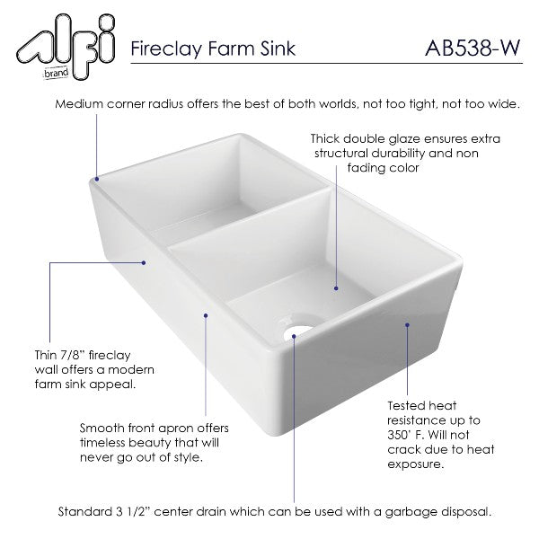 ALFI brand AB538-W 32" White Double Bowl Smooth Fireclay Farmhouse Sink